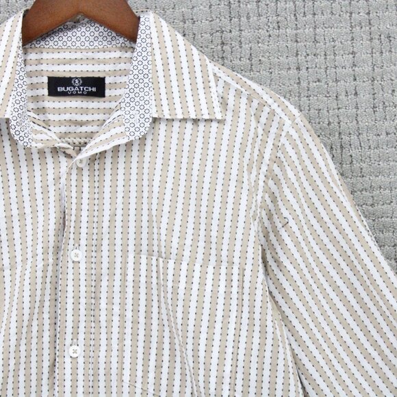 Bugatchi UOMO Shirt Mens Medium M Beige Striped Button Down Long Sleeve Collared - Picture 2 of 10
